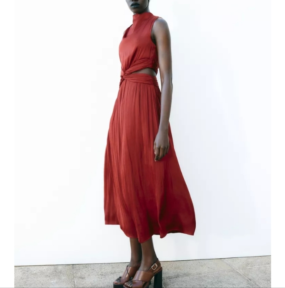 Zara Satin Effect Cut-out Dark Red Midi Dress Sz-XL